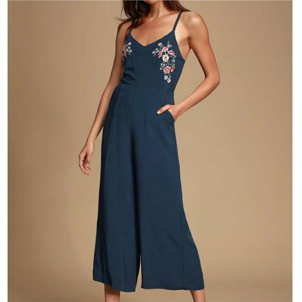 Navy Perfect Places Embroidered Culotte Jumpsuit